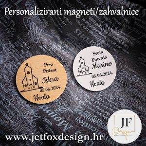 Personalizirani magnet kao poklon za goste povodom krizme. S imenom krizmanika, datumom i prigodnim motivom, ovaj magnet ostaje trajna uspomena na važan duhovni trenutak.